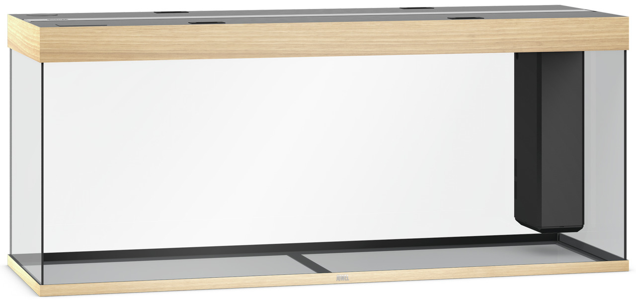 Das Bild zeigt ein JUWEL Aquarium Modell Rio 125 in heller Holzoptik mit einem Fassungsvermögen von 125 Litern. Es ist für Aquaristik-Enthusiasten geeignet und verfügt über ein integriertes Filtersystem. Das rechteckige Design bietet eine klare Sicht auf 