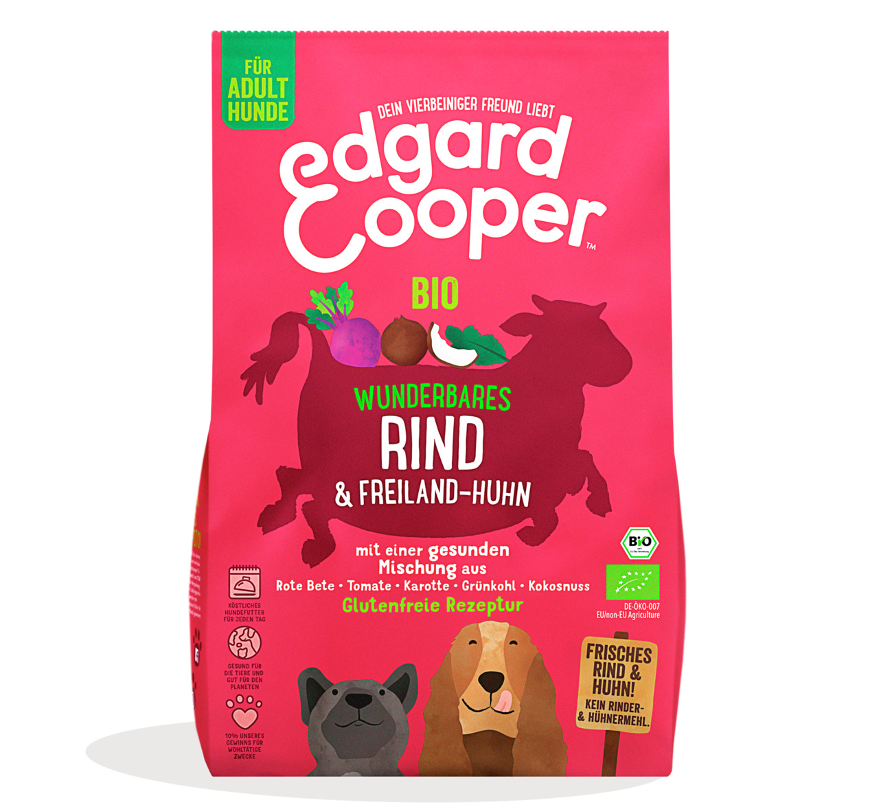 Edgard & Cooper Bio Hundefutter, Rind & Huhn, für erw. Hunde, mit Gemüse, glutenfrei, frisches Fleisch, 100% nachhaltig, Bio-Siegel.