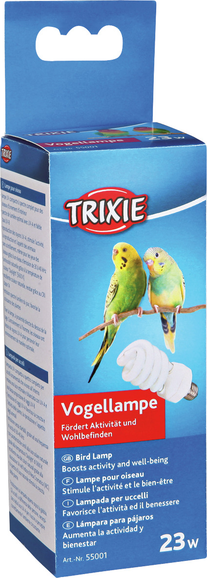 Verpackung der TRIXIE Vogellampe mit 23 Watt, speziell für Ziervögel. Die Lampe fördert Aktivität und Wohlbefinden durch optimales Licht. Auf der Vorderseite sind zwei Wellensittiche abgebildet. Produktname, Marke und Werbeaussagen sind deutlich sichtbar.