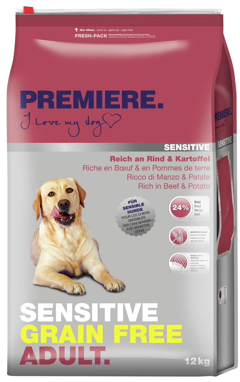 PREMIERE Sensitive Grain Free Adult, 12 kg, für ausgewachsene Hunde mit empfindl. Magen, Rind & Kartoffel, getreidefrei, Omega-3/-6.