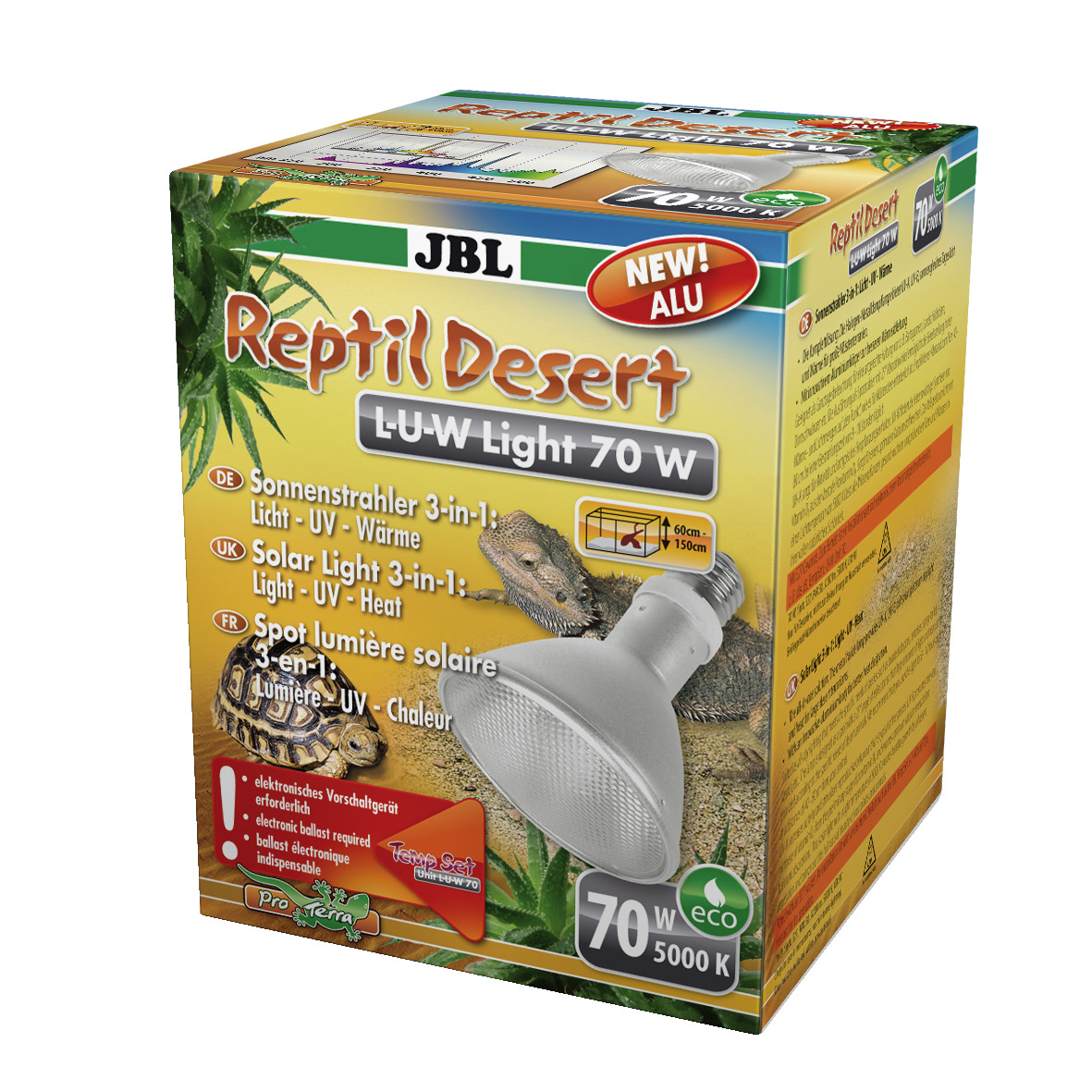 Das Bild zeigt die Verpackung des JBL ReptilDesert L-U-W Light 70 W, einer 3-in-1-Lampe für Reptilien. Sie kombiniert Licht, UV-Strahlung und Wärme, ideal für Wüstenterrarien. Die Zielgruppe sind Reptilienhalter. Die Lampe hat 70 Watt, 5000 K und ist für 