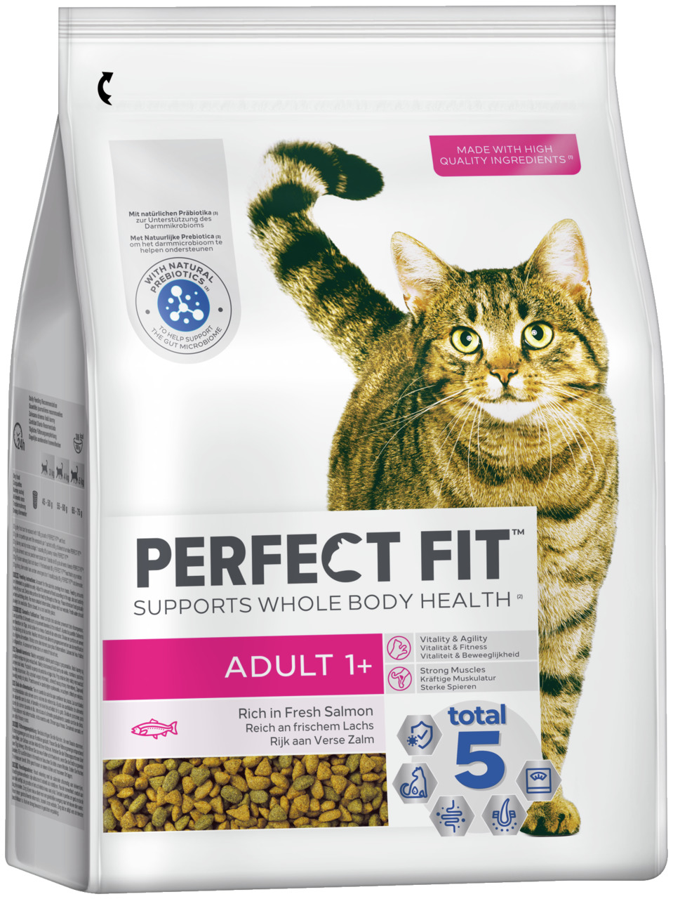 Das Bild zeigt eine Verpackung des Katzenfutters „Perfect Fit Adult 1+“ der Marke Perfect Fit. Es ist speziell für erwachsene Katzen ab einem Jahr geeignet. Die Geschmacksrichtung ist frischer Lachs. Die Verpackung hebt die „Total 5“-Formel hervor, die Vi