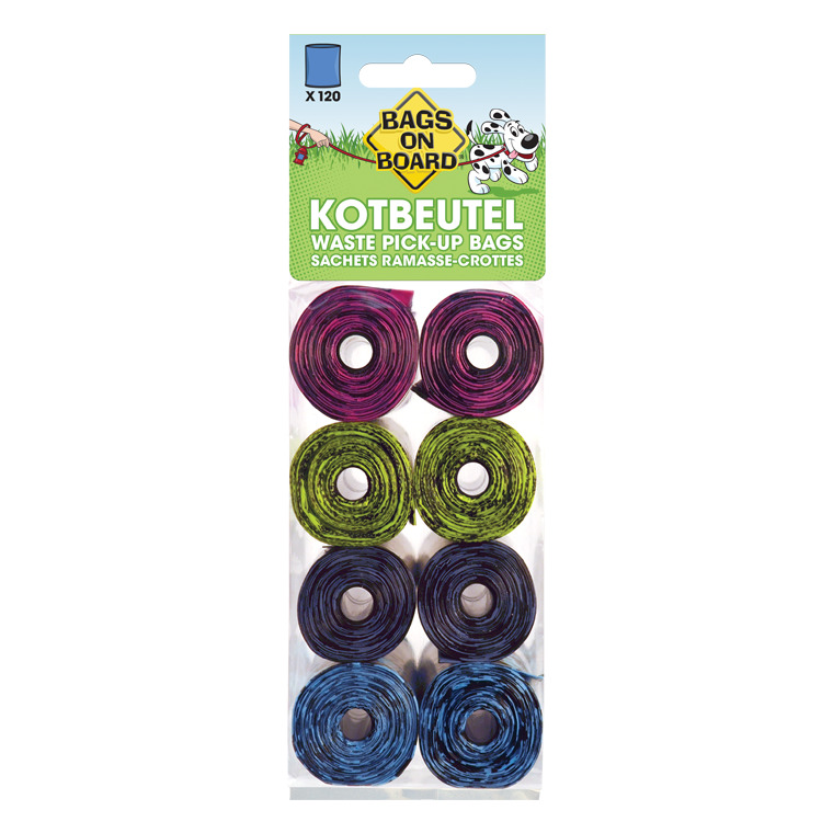 Das Bild zeigt eine Verpackung der Marke "Bags On Board" mit 120 Kotbeuteln, die in bunten Rollen (Pink, Grün, Blau) angeordnet sind. Die Beutel sind für Hundebesitzer gedacht und dienen der hygienischen Entsorgung von Hundekot. Die Verpackung hebt die pr