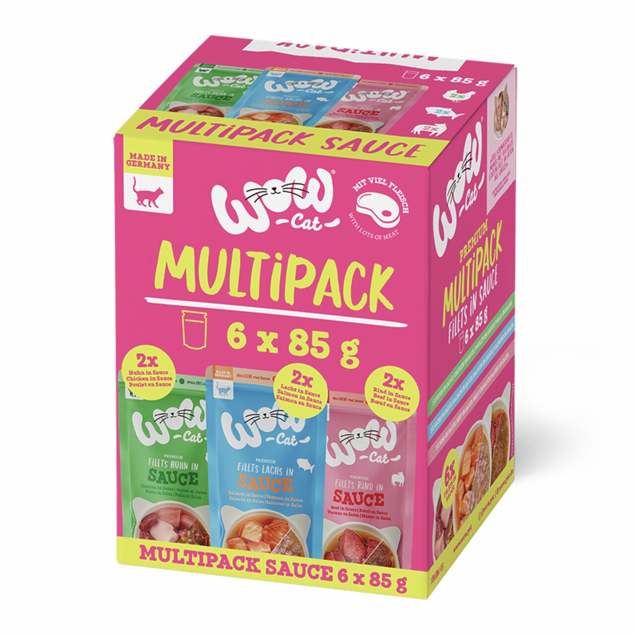 WOW CAT Katzenfutter, Filets in Sauce, Sorten Huhn-Lachs-Rind, 6x85g, „Mit viel Fleisch“, „Made in Germany“, pinke Verpackung.