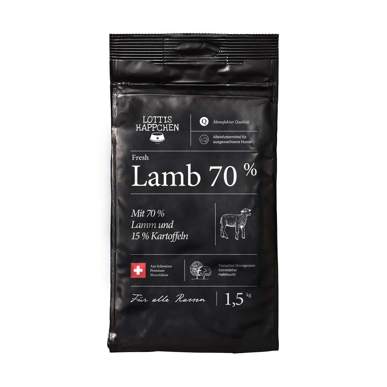 Lottis Häppchen Fresh Lamb 70 %, Hundefutter, Geschmacksrichtung Lamm, Monoprotein, 1,5 kg, für alle Rassen geeignet.