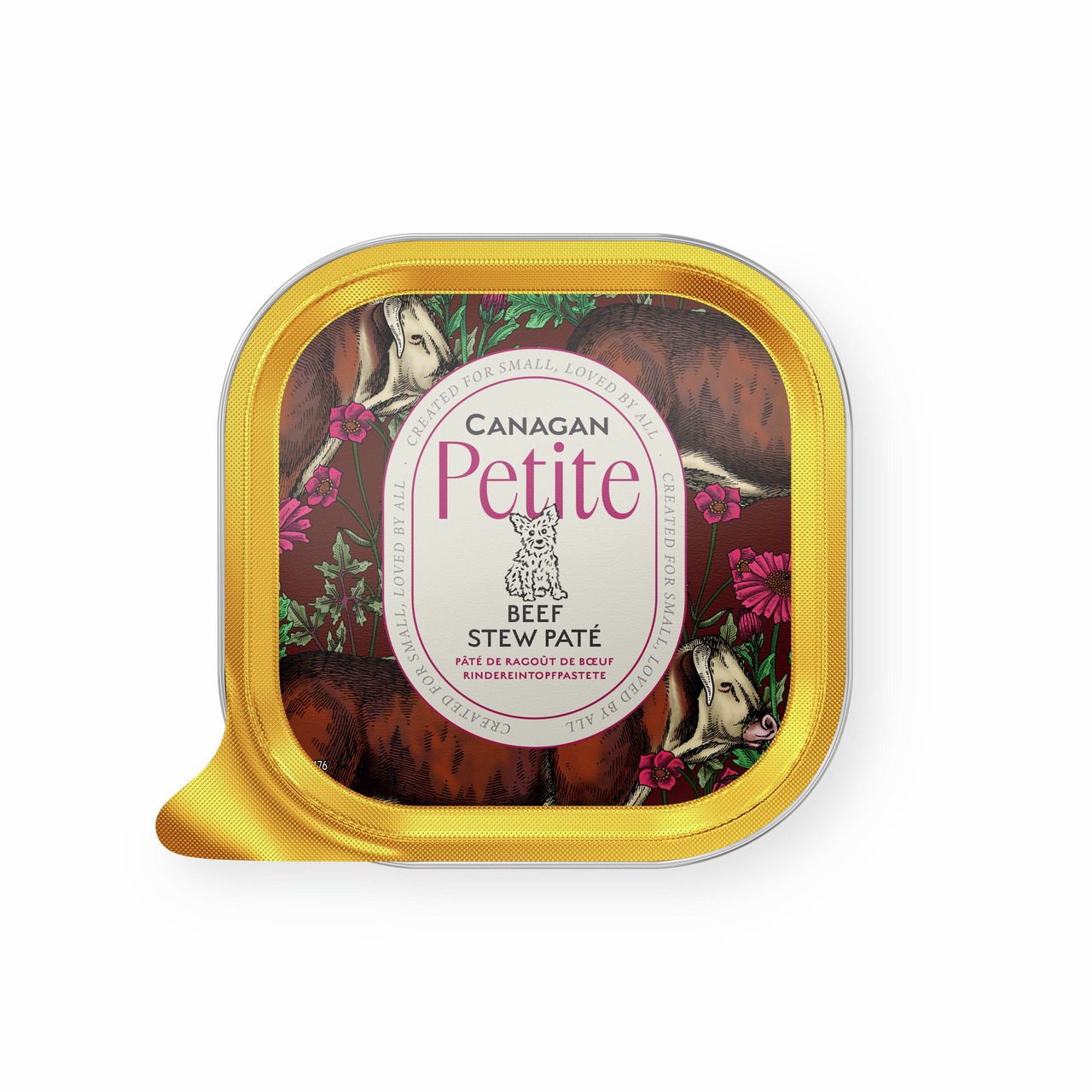 Canagan Petite Beef Stew Paté, Rindereintopfpastete für kleine Hunde, 85 g, elegantes Design mit Rinder- & Blumenillustrationen.