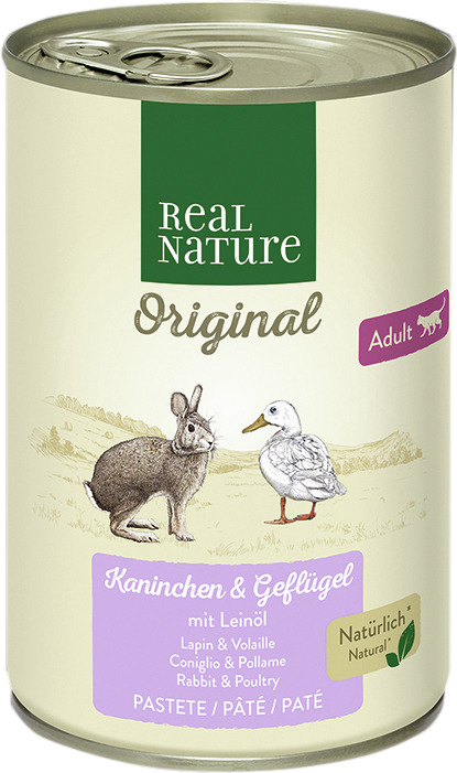 Real Nature Original Katzenfutter, Kaninchen & Geflügel mit Leinöl, für ausgewachsene Katzen, 200g, „Natürlich Natural“.