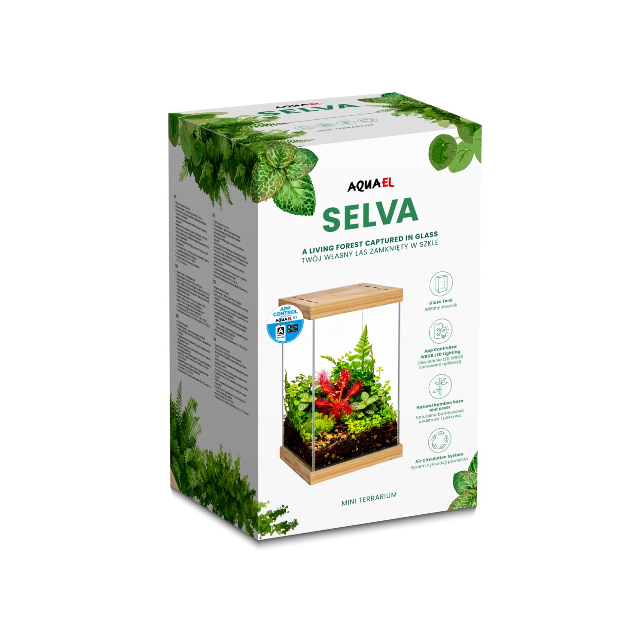 AQUAEL Selva Mini Terrarium aus Glas mit Bambusdeckel, App-Steuerung, Luftzirkulation und natürlichem Bambusfuß.