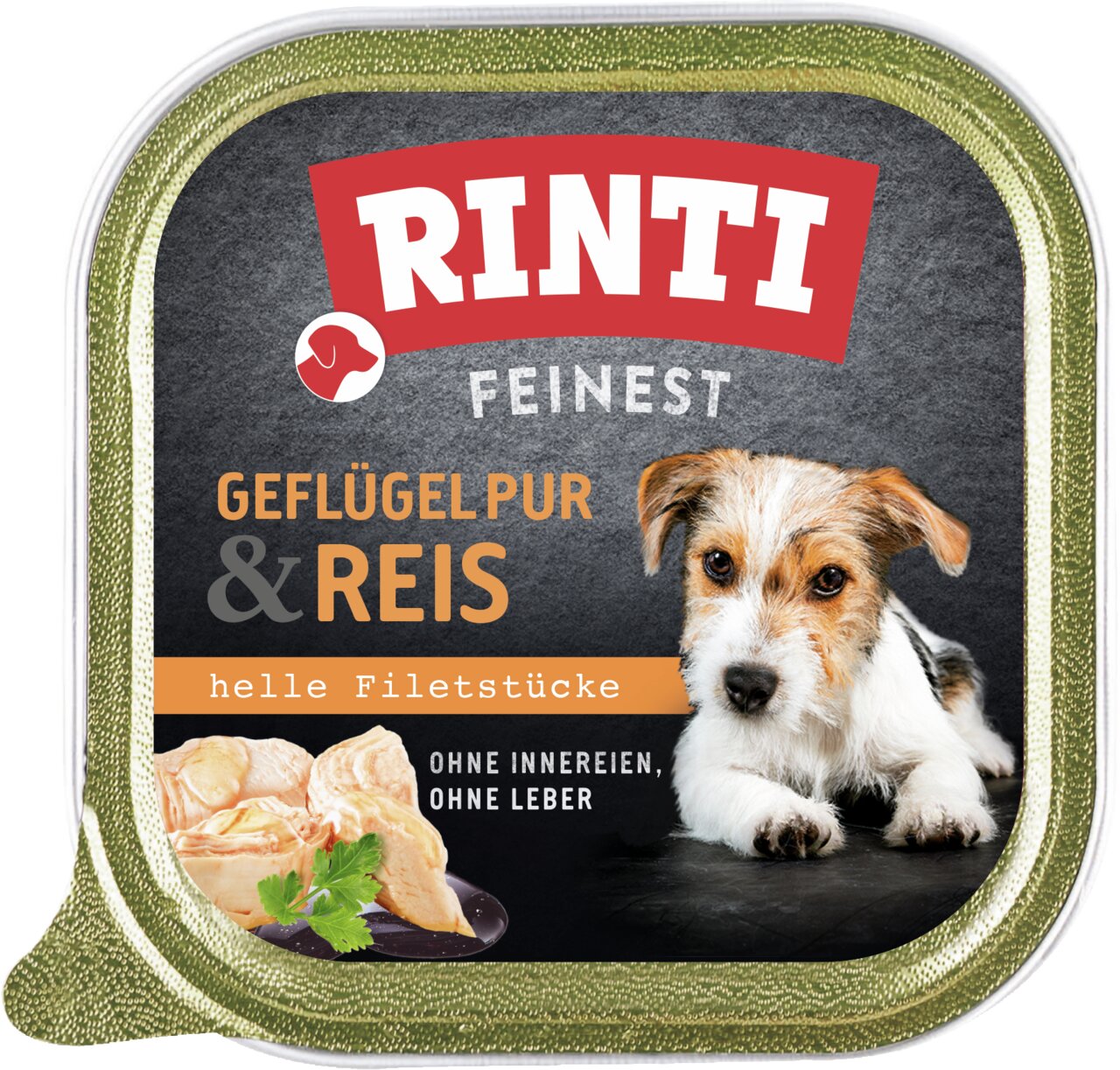 RINTI Feinest Geflügel Pur & Reis, für Hunde, helle Filetstücke, ohne Innereien, ohne Leber, 125 g Verpackung.