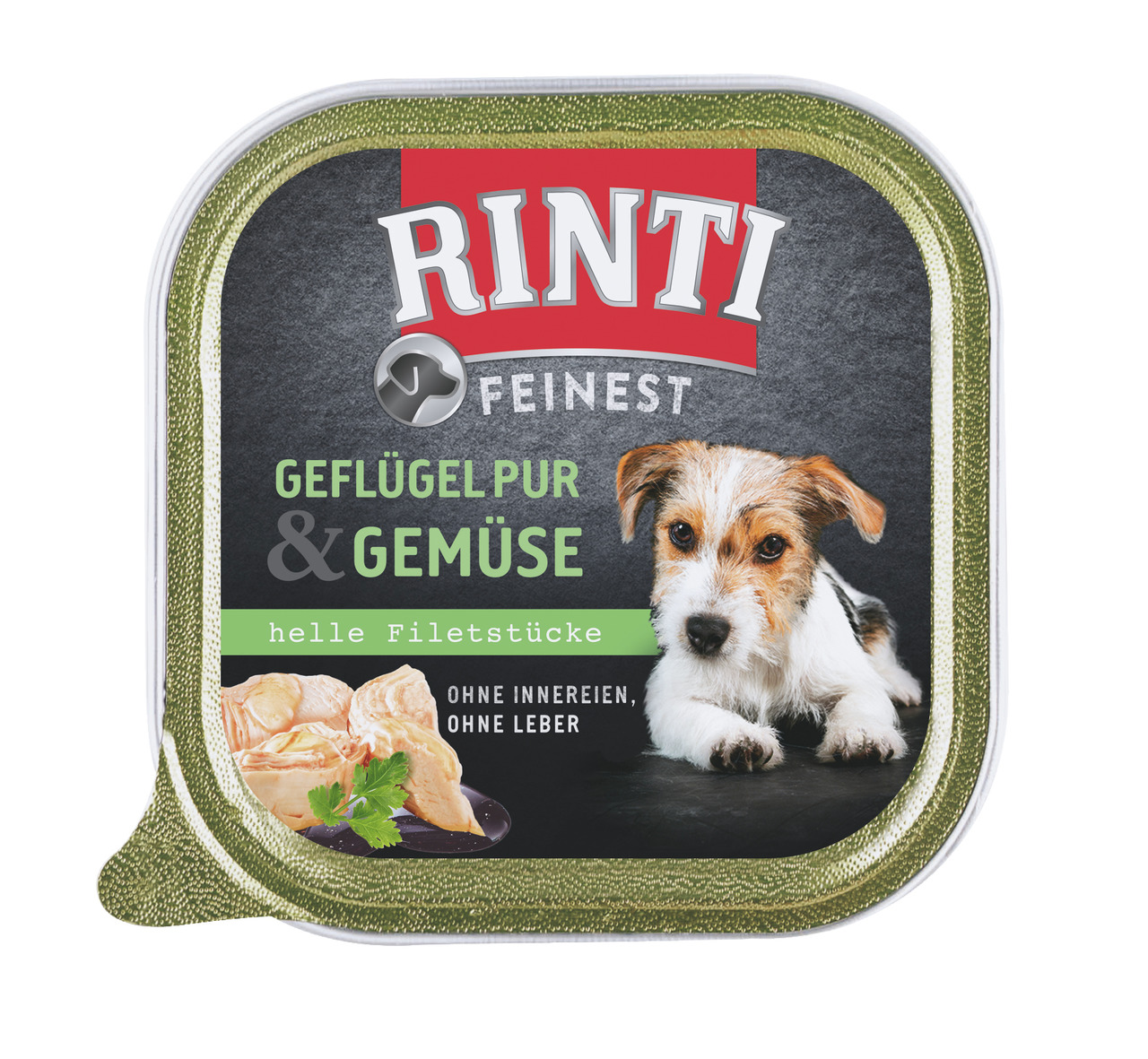 RINTI Feinest Geflügel Pur & Gemüse, für Hunde, Geflügel+Gemüse, ohne Innereien-Leber, 185 g, mit hellen Filetstücken.