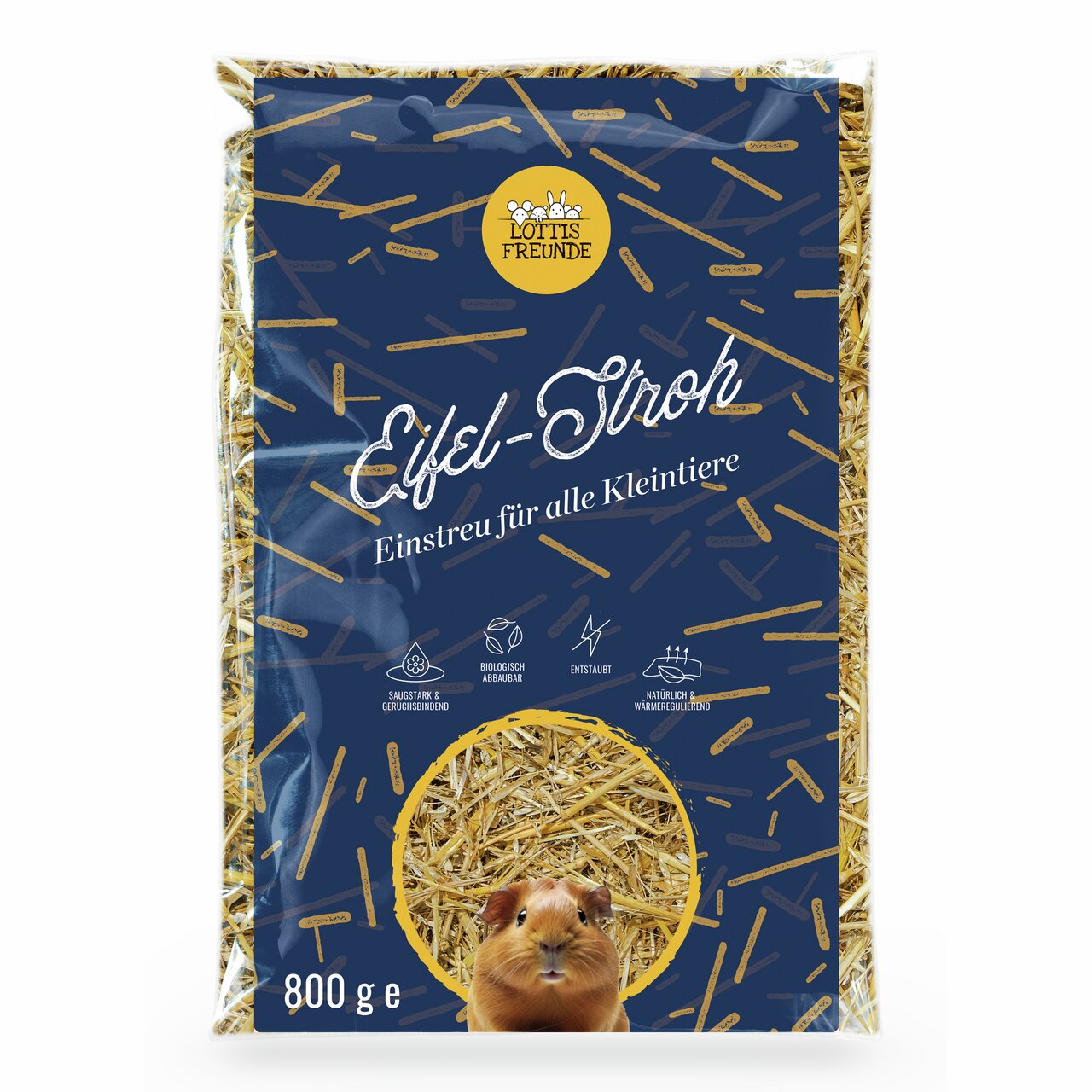 Lottis Freunde Eifel-Stroh, Einstreu für alle Kleintiere, staubarm und biologisch abbaubar, 800 g Packung, aus natürlichem Stroh.