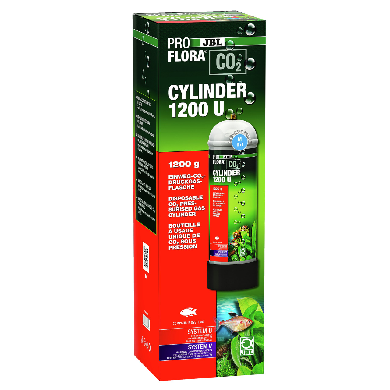 JBL ProFlora CO2-Einweg-Druckgasflasche Cylinder 1200 U, 1200 g, für Aquarien, fördert Pflanzenwachstum, grün-rote Verpackung.