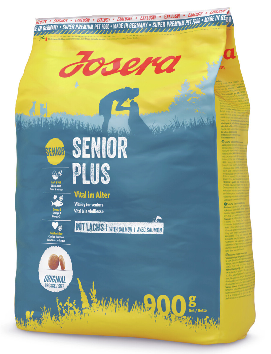 Josera Senior Plus, Hundefutter mit Lachs, für ältere Hunde, 900 g, gesunde Haut, glänzendes Fell, Herzfunktion, Premium, DE.