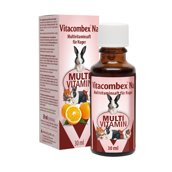 Das Bild zeigt eine braune Glasflasche und eine dazugehörige Verpackung des Produkts "Vitacombex Na" von der Marke Quiko. Es handelt sich um einen Multivitaminsaft für Nager wie Kaninchen, Hamster und Meerschweinchen. Die Verpackung zeigt Abbildungen der 