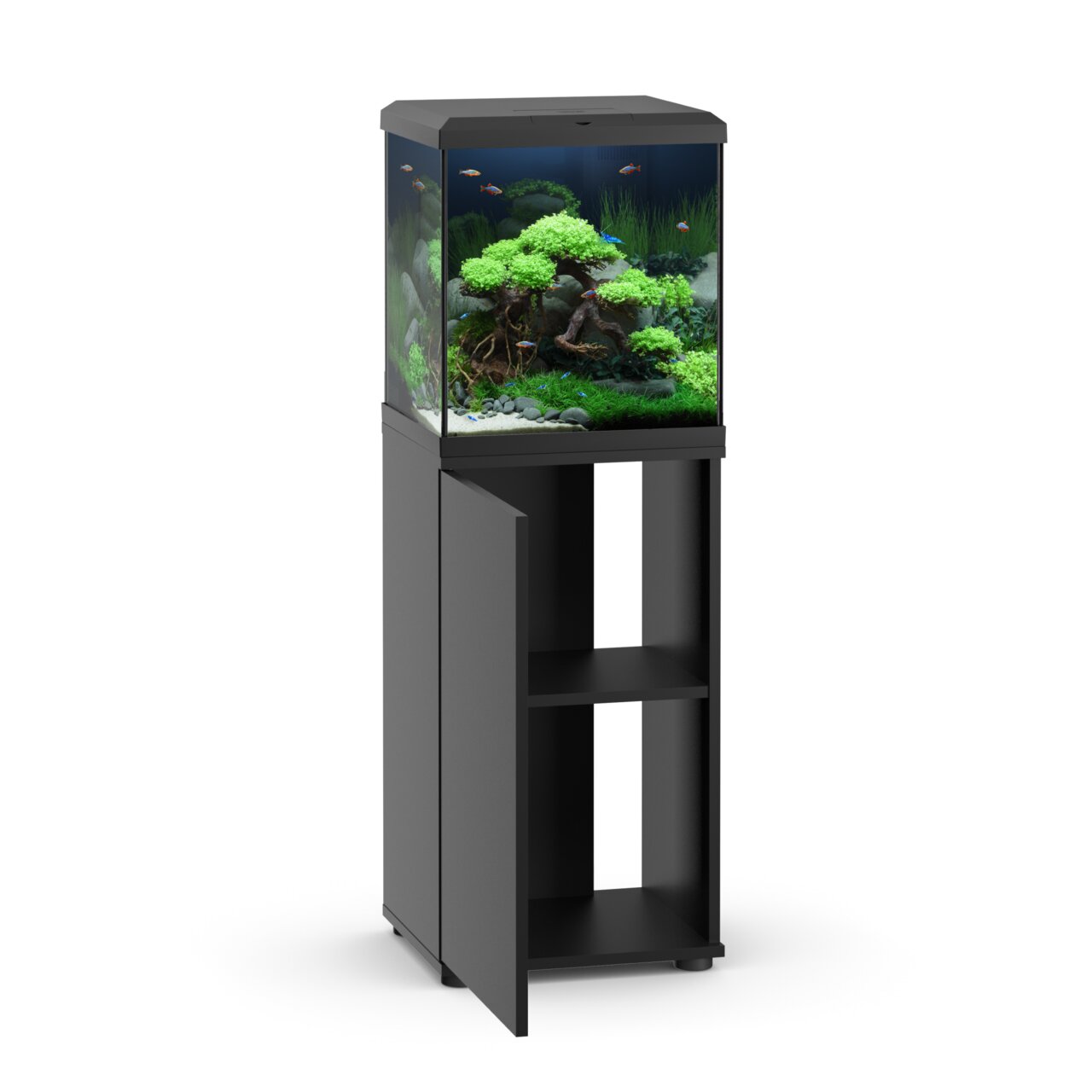 JUWEL Aquarium mit schwarzem Unterschrank, für Aquaristik-Enthusiasten, geeignet für Fische, dekorativ und funktional.
