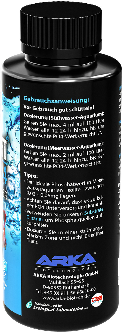 Das Bild zeigt eine schwarze Flasche des Produkts "MICROBE-LIFT Phosphate Remover" der Marke MICROBE-LIFT, hergestellt von ARKA Biotechnologie GmbH. Es handelt sich um ein flüssiges Mittel zur Entfernung von Phosphaten in Süß- und Meerwasseraquarien. Ziel