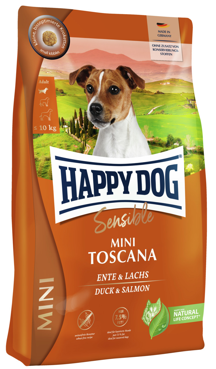 HAPPY DOG Sensible Mini Toscana, Ente & Lachs, für kl. Hunde bis 10 kg, fettarm (7,5 %), bissoptimierte Kroketten, 4 kg, Made in Germany.