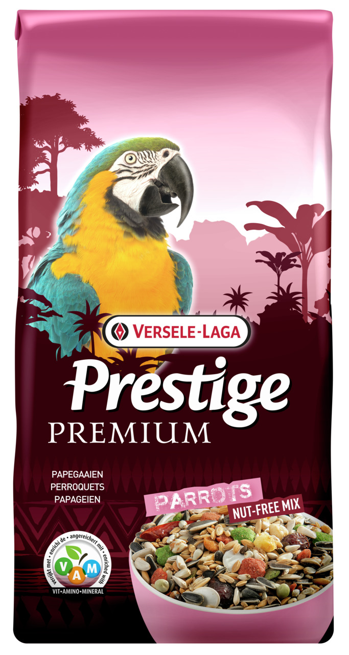 Versele-Laga Prestige Premium Papageien Nut-Free Mix: Futtermischung f. Papageien, ohne Nüsse, mit VAM-Formel, 1kg, tropisches Design.