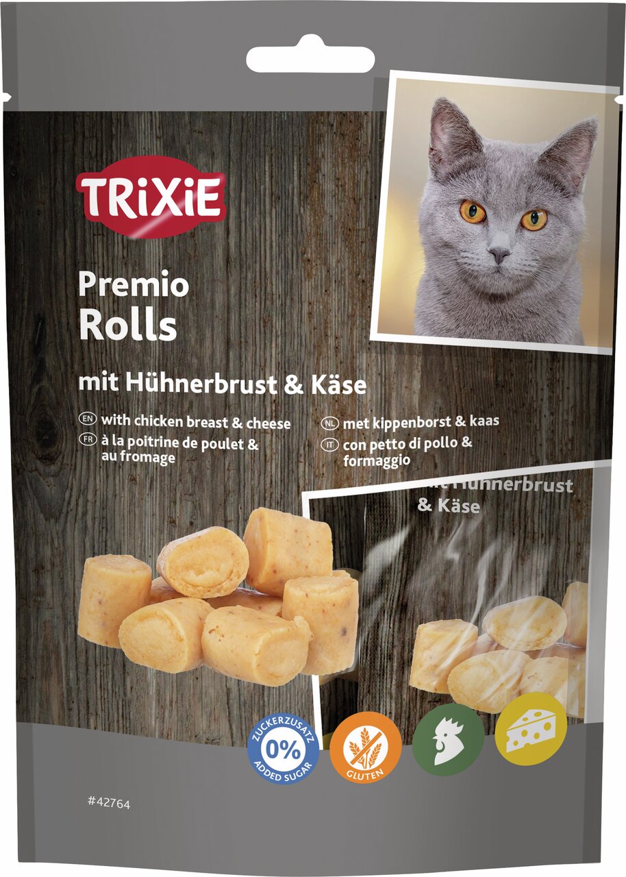 TRIXIE Premio Rolls, Katzensnack mit Hühnerbrust & Käse ohne Zuckerzusatz, glutenfrei, 50 g, geeignet für alle Katzen.