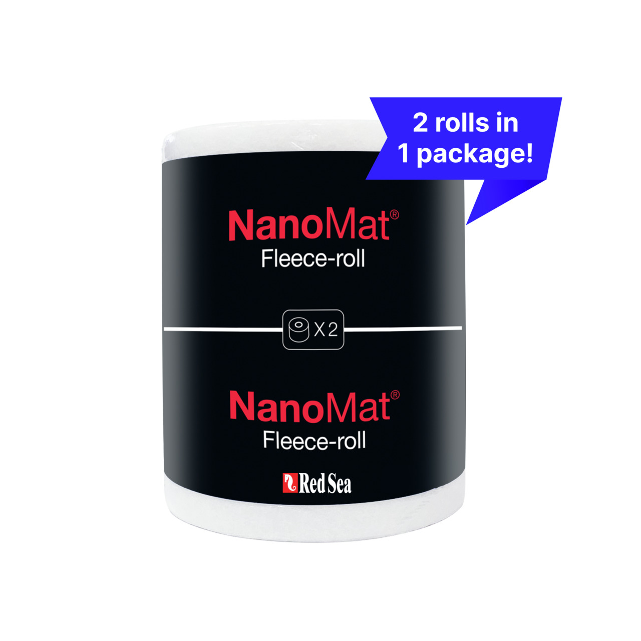 Das Bild zeigt das Produkt "NanoMat Fleece-roll" der Marke Red Sea. Es handelt sich um eine Verpackung mit zwei Rollen Vliesmaterial, wie durch die Aufschrift "2 rolls in 1 package!" hervorgehoben wird. Die Verpackung ist schwarz mit rotem und weißem Text