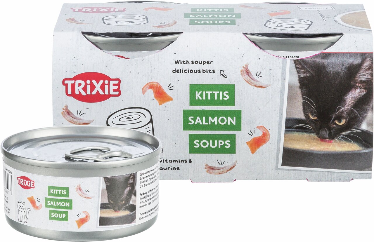 Verpackung von TRIXIE Kittis Salmon Soups für Katzen, Lachs-Geschmack, 4x40g, mit Vitaminen und Taurin, schwarzer Katze abgebildet.