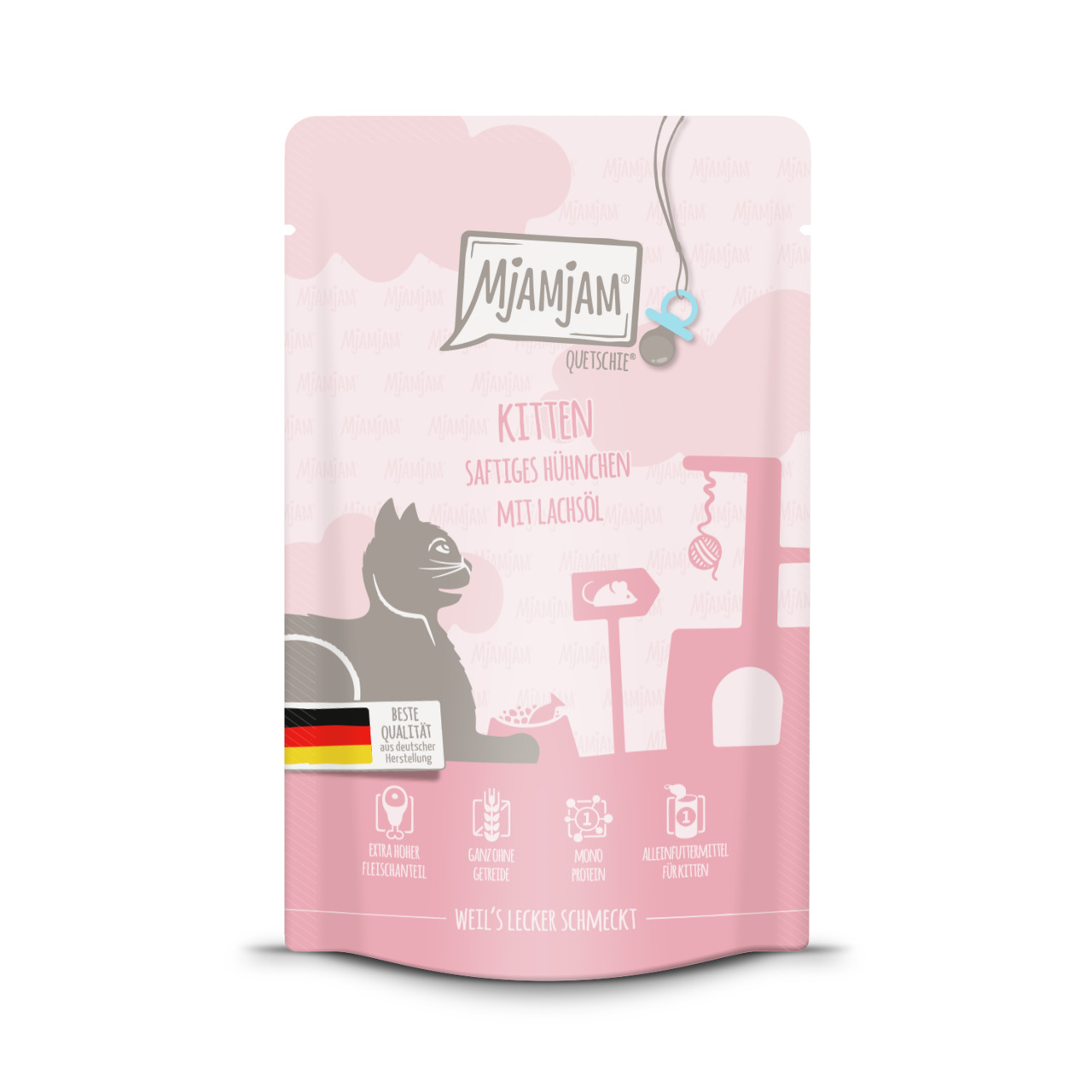 MJAMJAM Quetschie Kitten Saftiges Hühnchen mit Lachsöl, für Kätzchen, 85 g, extra hoher Fleischanteil, getreidefrei, Monoprotein.