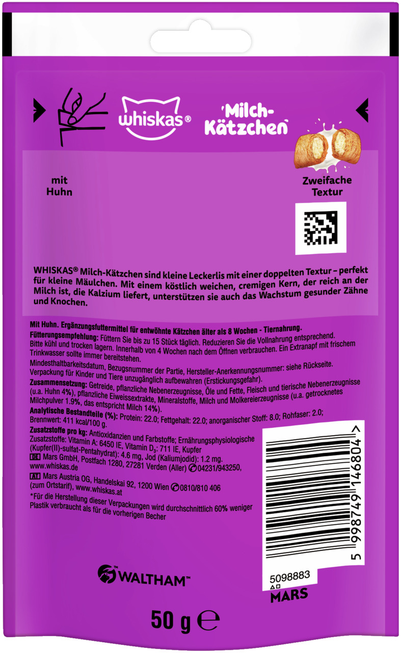 Whiskas Milch-Kätzchen Huhn, für entwöhnte Kätzchen ab 8 Wo., weicher Kern reich an Kalzium, fördert Zähne & Knochen, 50 g.