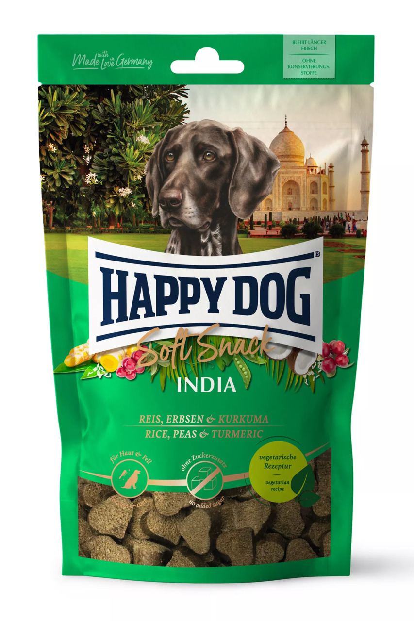 HAPPY DOG Soft Snack India: Vegetarische Hundesnacks mit Reis, Erbsen & Kurkuma, 100 g, „für Haut & Fell“, „ohne Zuckerzusatz“.