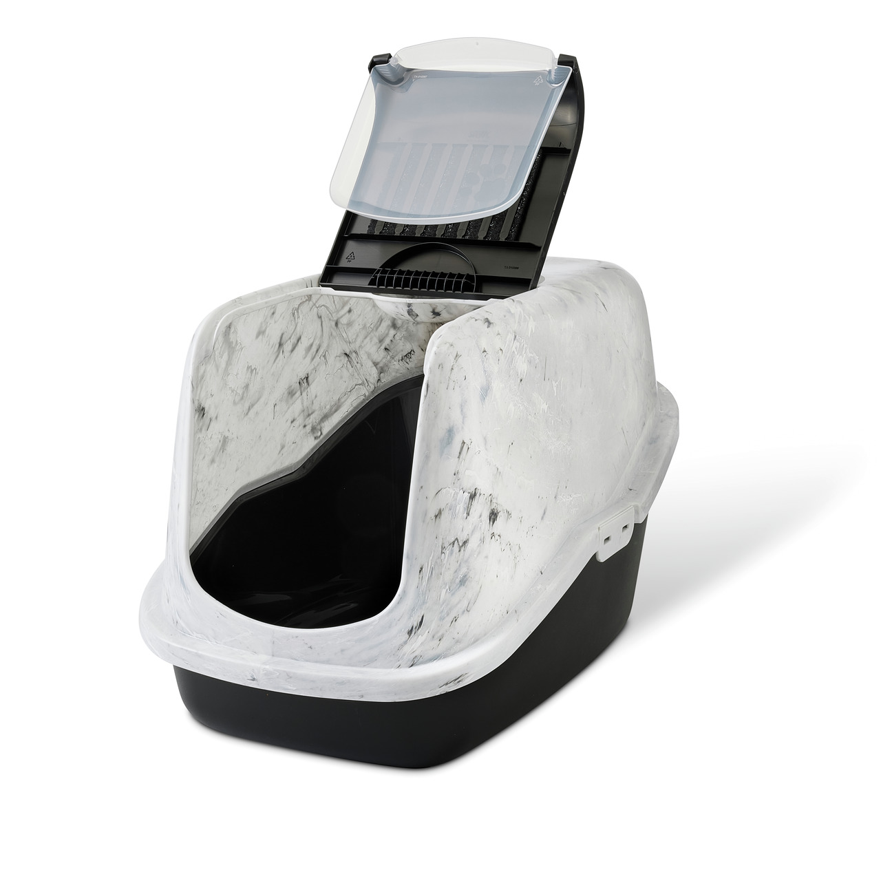 Bildbeschreibung: Geschlossene Katzentoilette der Marke SAVIC, Modell Hop In, mit modernem Design in Marmoroptik. Die Toilette ist für Katzen geeignet und verfügt über einen erhöhten Einstieg sowie einen abnehmbaren Deckel mit Gitter, das Streu auffängt. 