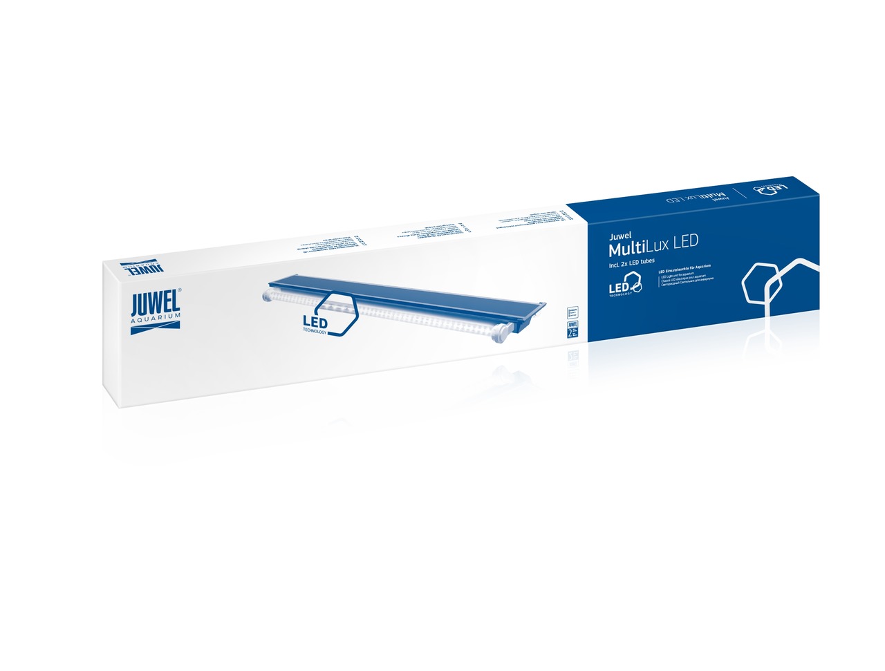 JUWEL MultiLux LED-Beleuchtungseinheit, für Aquarien, 2 LED-Röhren, energieeffizient, weiße Verpackung mit blauen Akzenten.