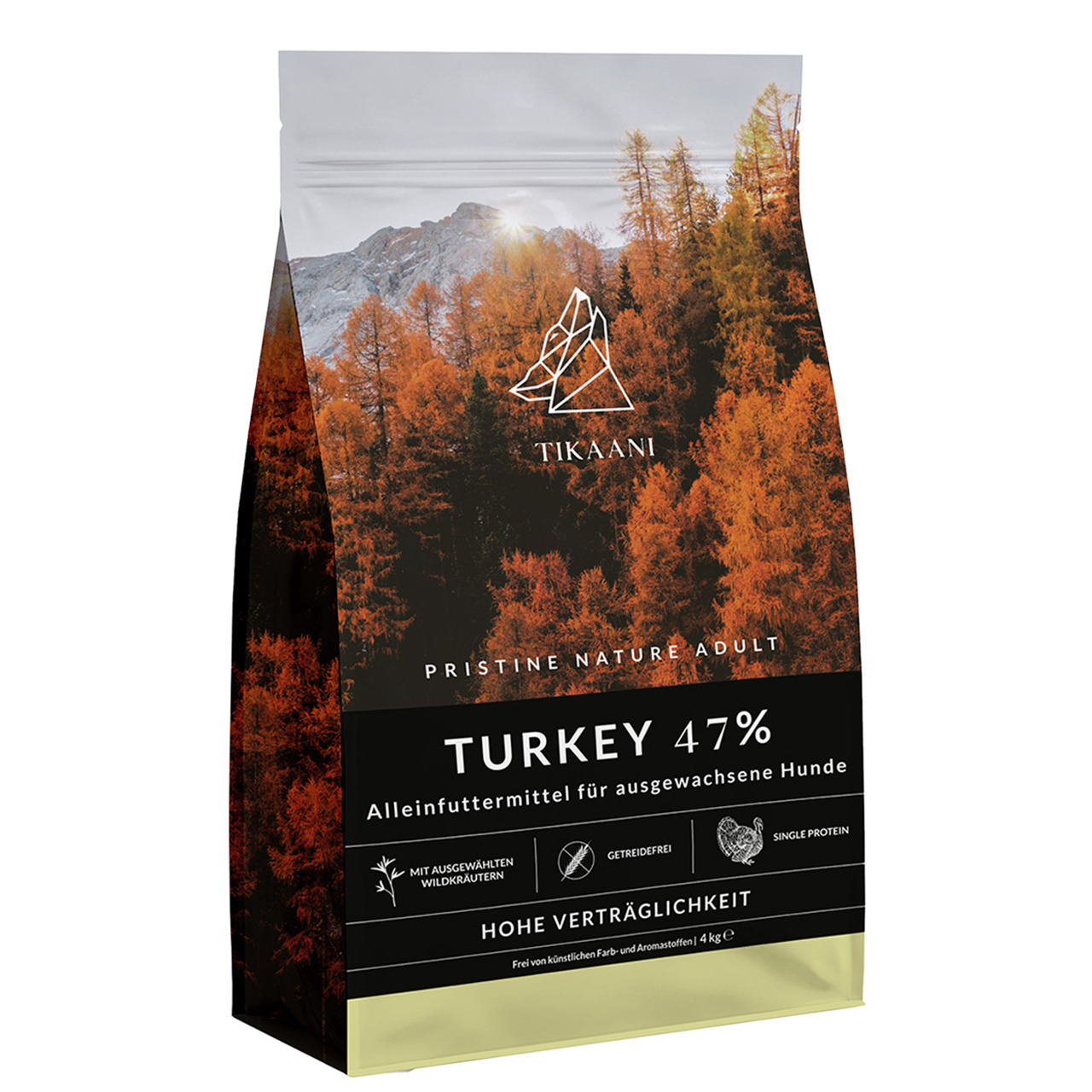 TIKAANI Pristine Nature Adult Turkey 47%: Alleinfutter f. erw. Hunde, Truthahn (47%), getreidefrei, Wildkräuter, 4 kg, hohe Verträglichkeit.