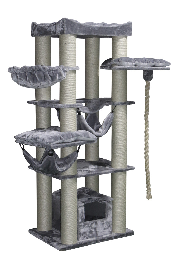 Nobby Kratzbaum „Tirano“ für Katzen, grau, mit Liegeflächen, Hängematten, Sisalstämmen, Spielseil, 60x50x141 cm.