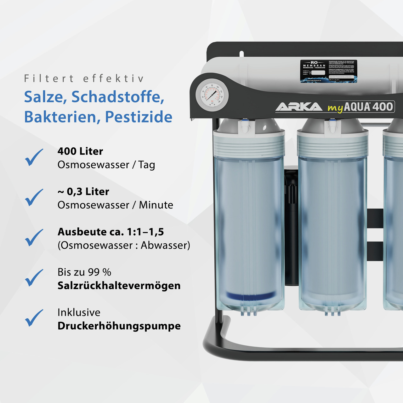 ARKA myAQUA 400 Umkehrosmose-System, für Aquaristik, entfernt Salze/Schadstoffe, 400 L/Tag, Salzrückhalt bis 99 %, mit Druckpumpe.