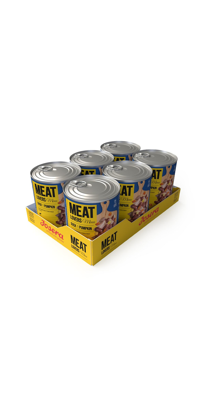 Josera Meat Lovers Menu, Hunde, Ente & Kürbis, Nassfutter, 6x400g, ausgewogene Ernährung, gelbe Verpackung mit Josera-Logo.
