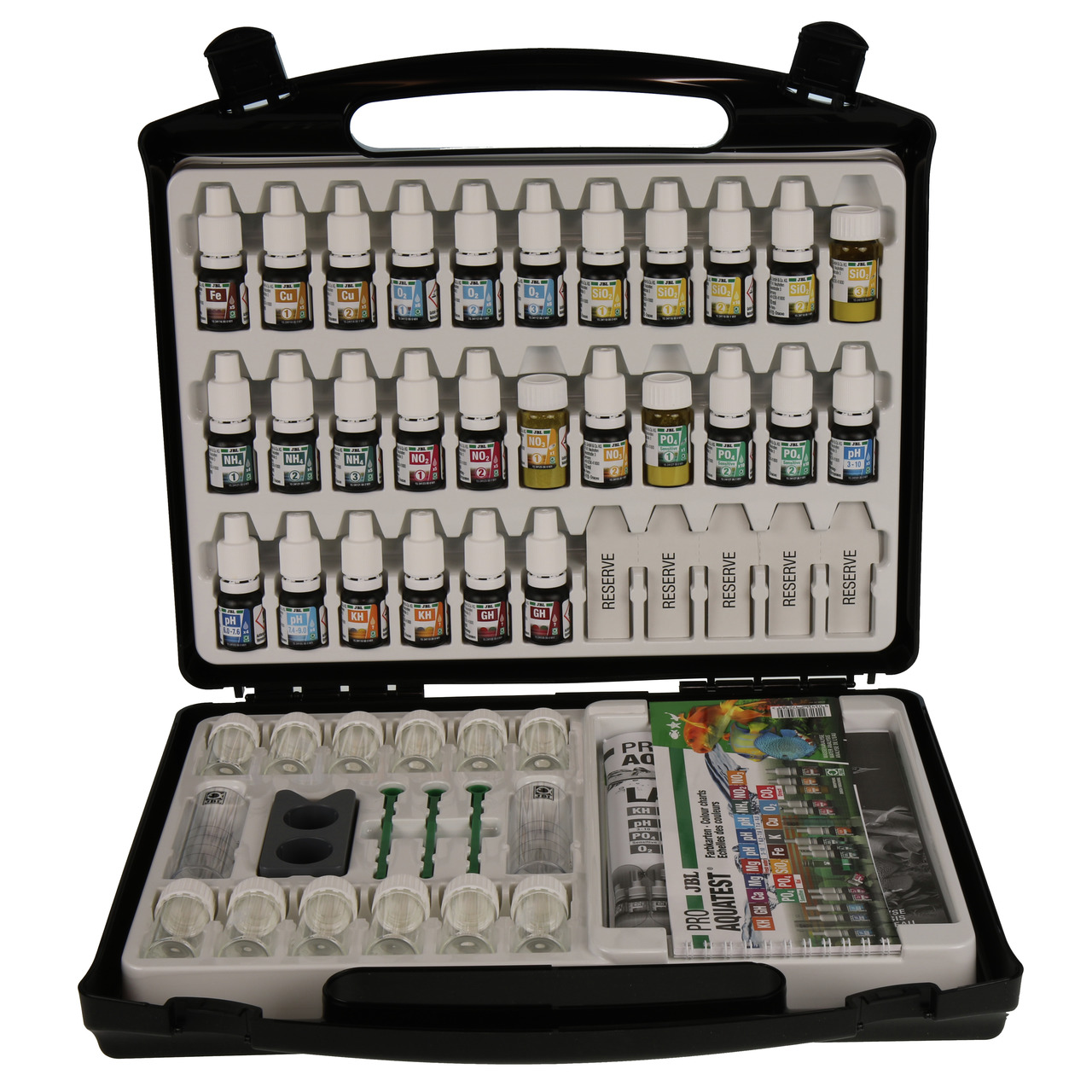 JBL ProAquaTest Lab: Wassertest-Set f. Aquarien/Teiche, inkl. Testfläschchen, Spritzen, Röhrchen, Zubehör, im schwarzen Koffer.
