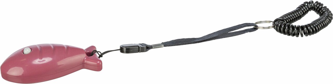 TRIXIE Fisch-Klicker für Hunde, ideal für Training, mit Spiralband und Handschlaufe, in rosa Farbe.