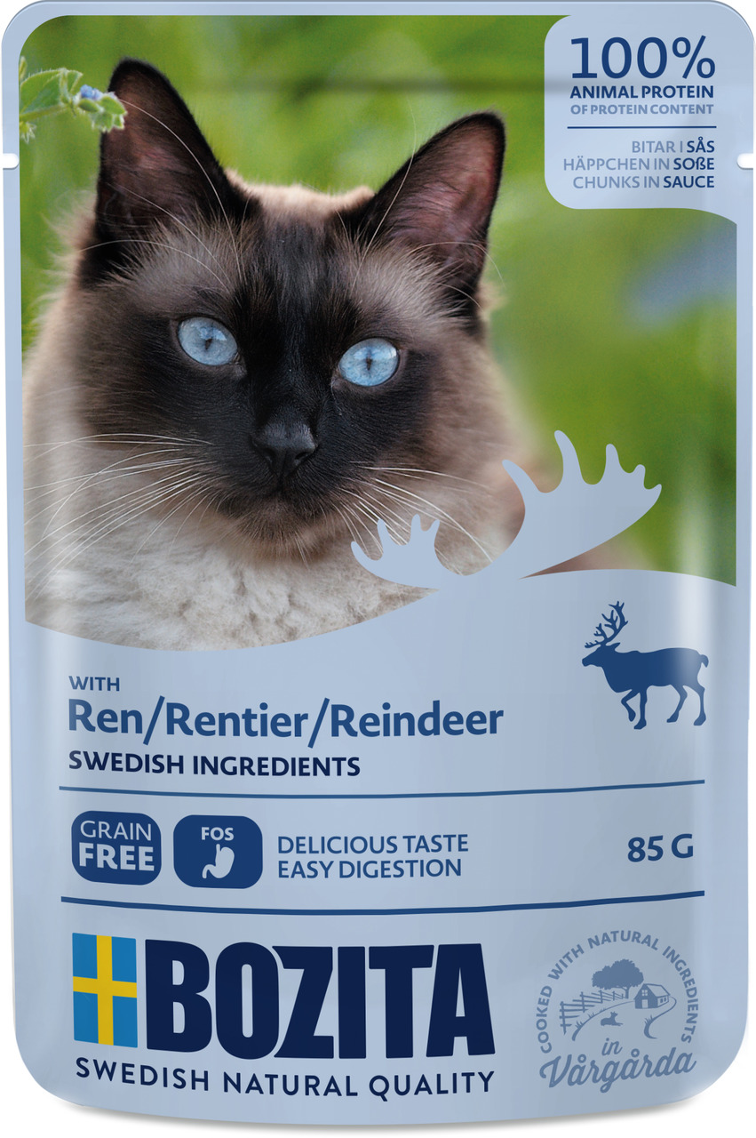 Bozita Chunks in Sauce, Rentier, Nassfutter f. Katzen, getreidefrei, leicht verdaulich, 100 % tierisches Protein, 85 g.