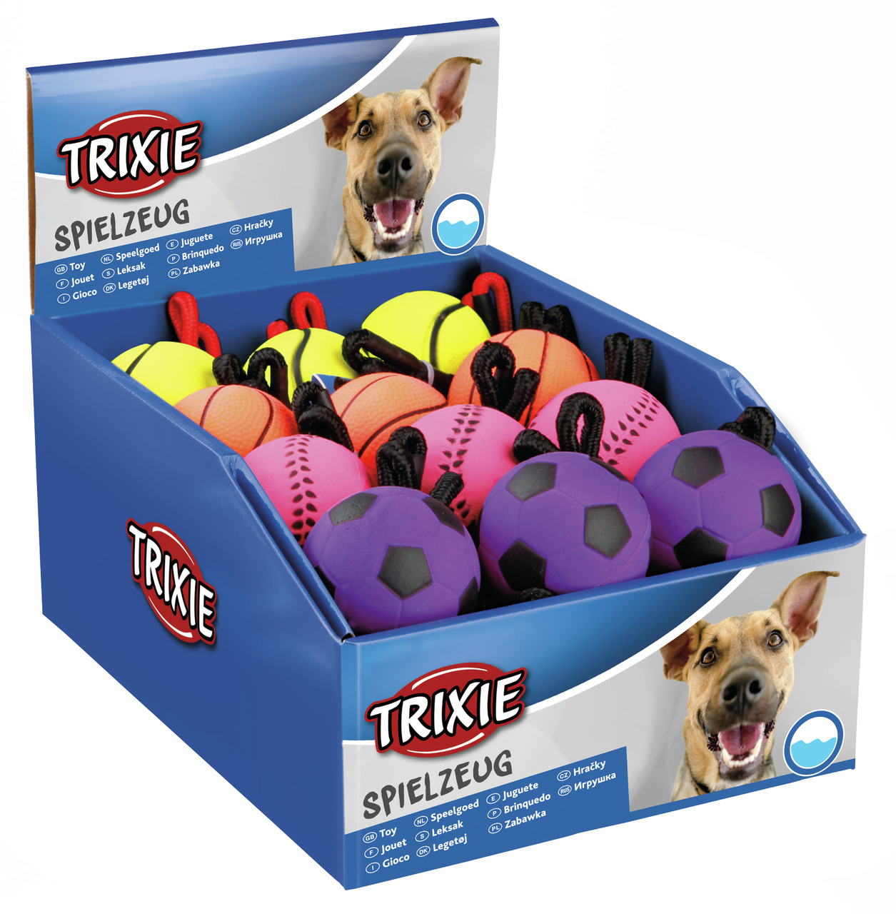 TRIXIE Hundespielzeug-Box: Bunte Spielbälle (lila, gelb, orange) für Hunde, versch. Designs, fröhlicher Hund auf Verpackung.