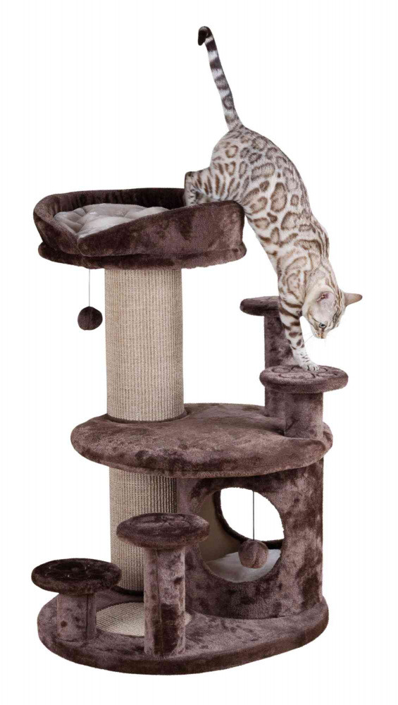Das Bild zeigt einen luxuriösen Kratzbaum der Marke TRIXIE, geeignet für Katzen. Der Kratzbaum besteht aus mehreren Ebenen, einer Höhle und einer Liegefläche mit weichem Kissen. Er ist in braunem Plüsch gehalten und verfügt über Sisalflächen zum Kratzen. 