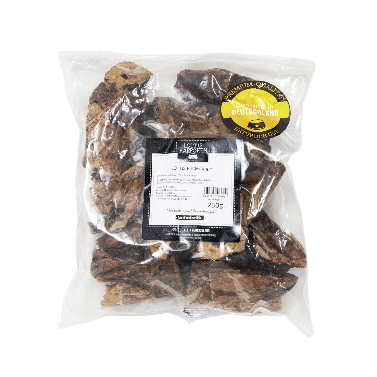 LOTTIS HÄPPCHEN Rinderlunge, Premium-Hundefutter, 100 % Rinderlunge, 250 g, für Hunde, natürl. Snack, Hergest. in Deutschland.