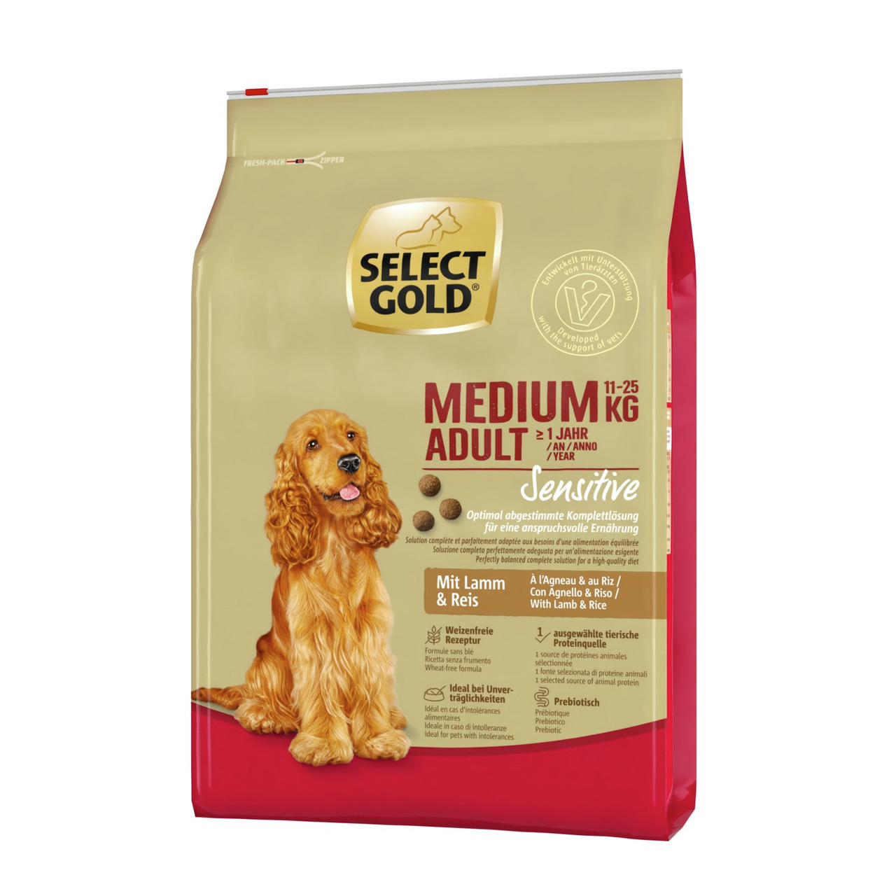 Select Gold Sensitive Medium Adult, Hunde 11–25 kg ab 1 Jahr, Lamm & Reis, weizenfrei, mit Präbiotika,  ausgewählte Proteine.