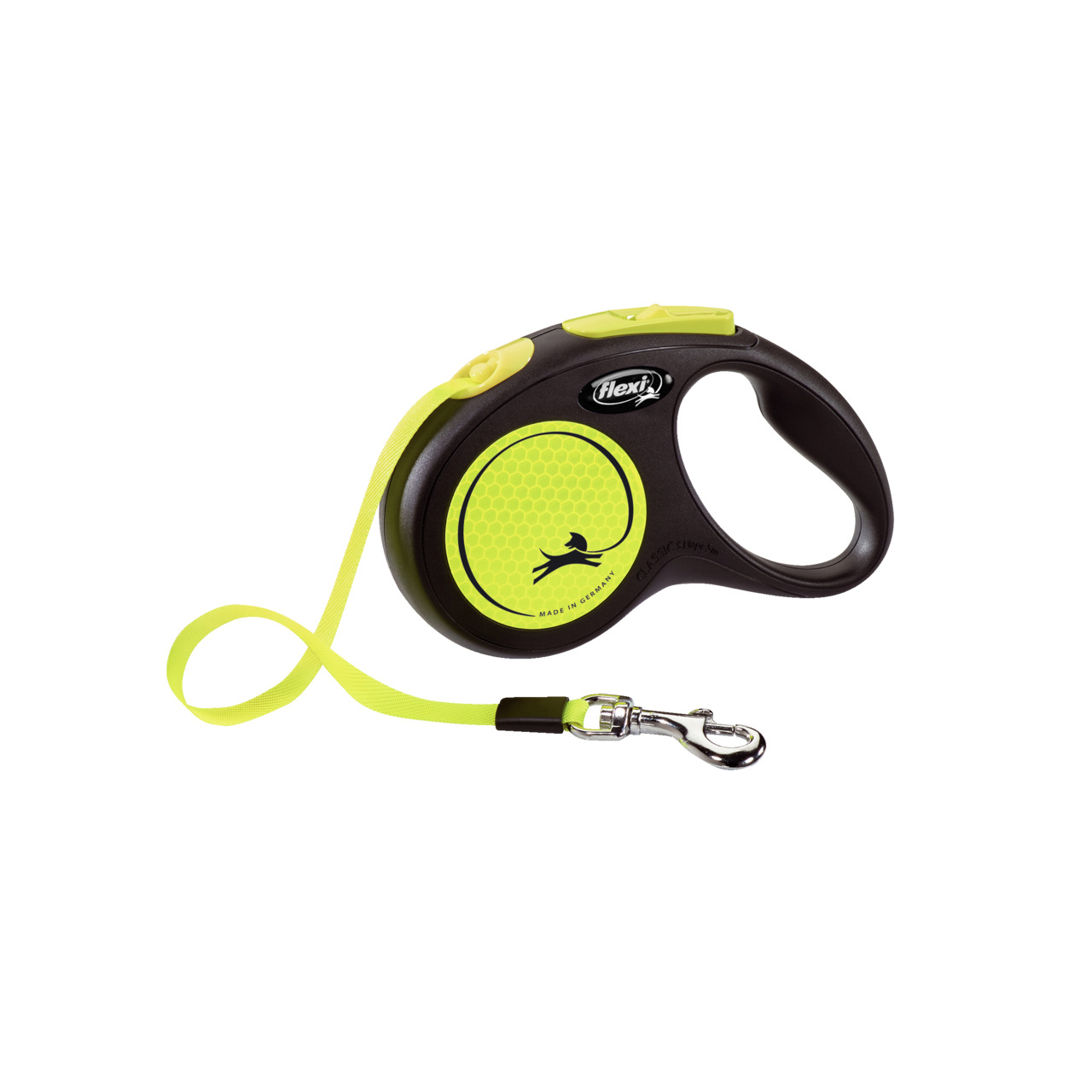 Flexi Rollleine für Hunde, Schwarz-Neon-Gelb, mit Auto-Aufrollfunktion, ergonom. Griff, stabiler Karabiner, Qualität & Langlebigkeit.