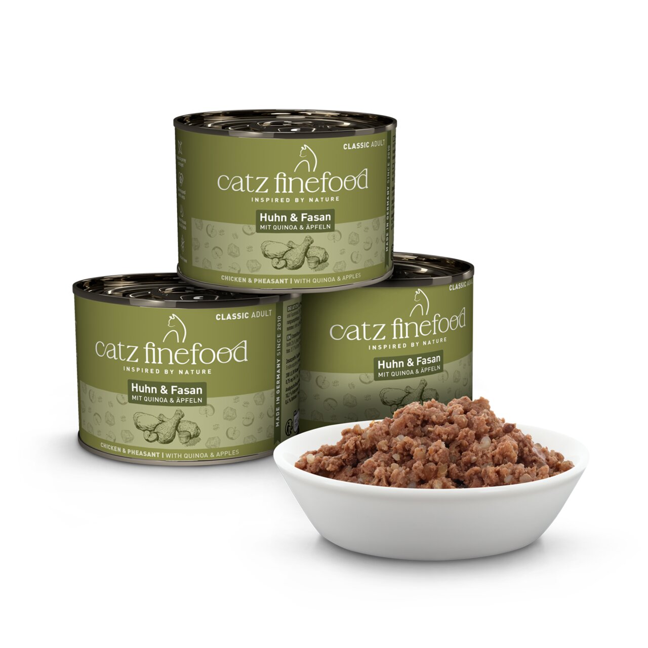 Katzenfutter "Catz finefood Classic Adult" Huhn & Fasan mit Quinoa & Äpfeln. Für erwachsene Katzen. 200g-Dosen, saftige Fleischstücke.
