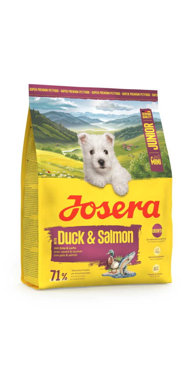 Josera MiniJunior Duck & Salmon, Hundefutter für Welpen, Ente & Lachs, 15 kg, unterstützt Zahnreinigung & Entwicklung.