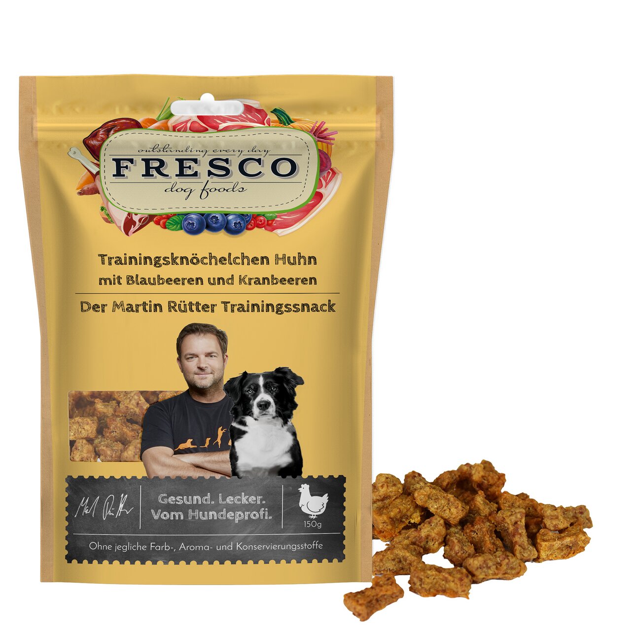 Fresco Trainingsknöchelchen Huhn für Hunde mit Blaubeeren und Kranbeeren, 150 g, gesunder Snack vom Hundprofi Martin Rütter.