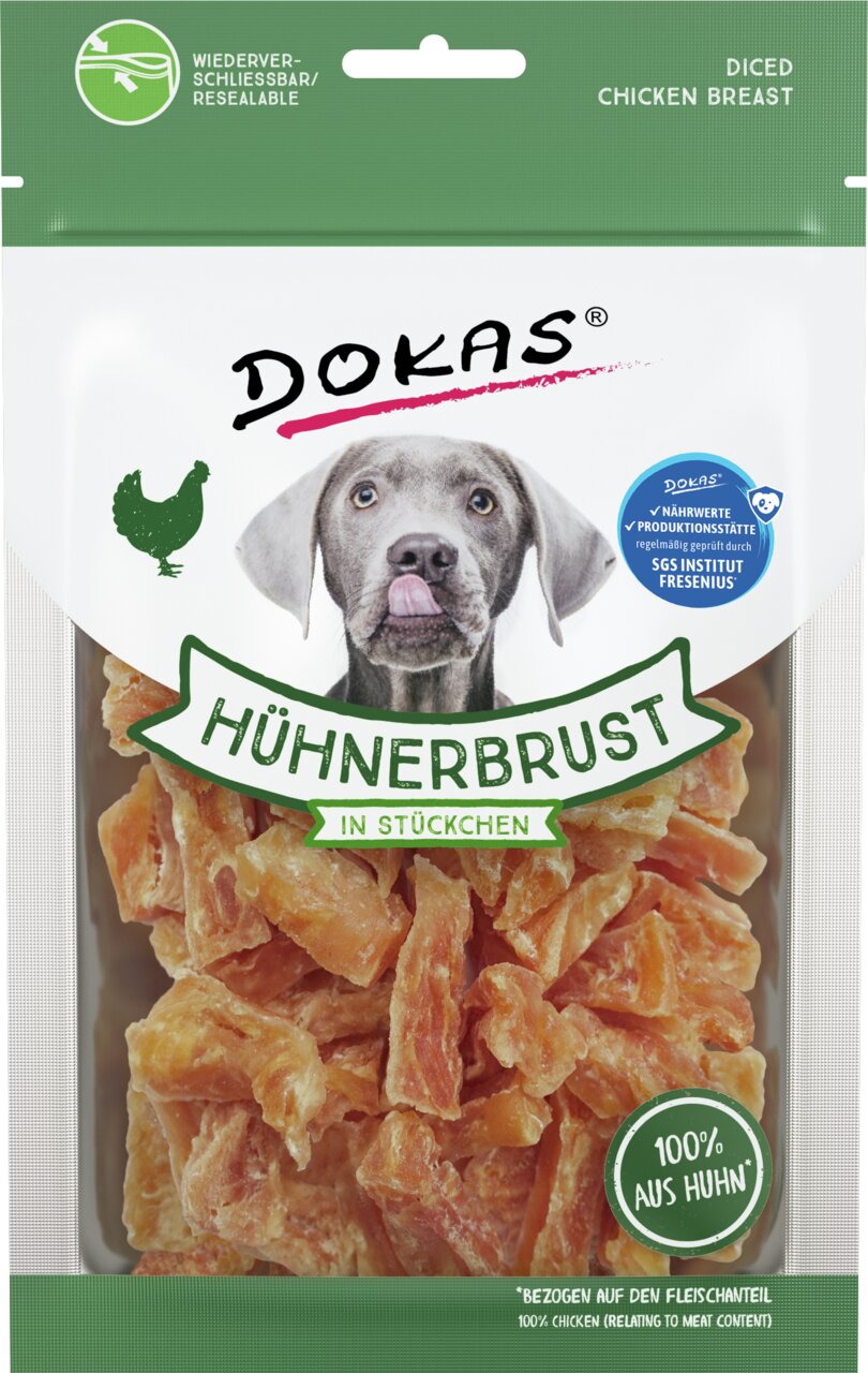 DOKAS „Hühnerbrust in Stückchen“ für Hunde, Geschmack Huhn, 100 % Hühnerfleisch, getrocknet, SGS-Prüfsiegel, wiederverschließbar.