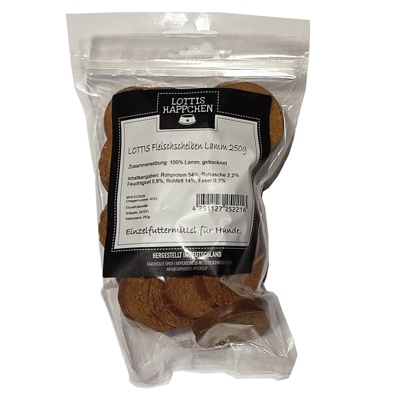 LOTTIS HÄPPCHEN: 250 g Lamm-Fleischscheiben, Einzelfuttermittel f. Hunde, 100 % getr. Lamm, nat. Ernährung, hergestellt in Deutschland.