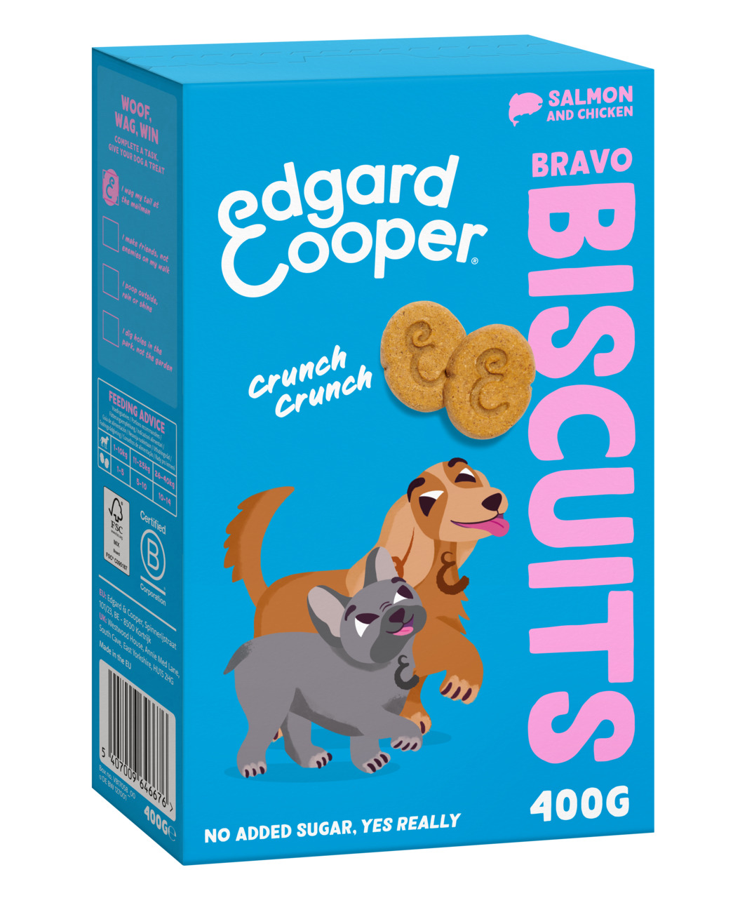 Edgard & Cooper Bravo Biscuits, Hundekekse mit Lachs & Huhn, für Hunde, 400 g, ohne Zuckerzusatz, nachhaltig produziert.