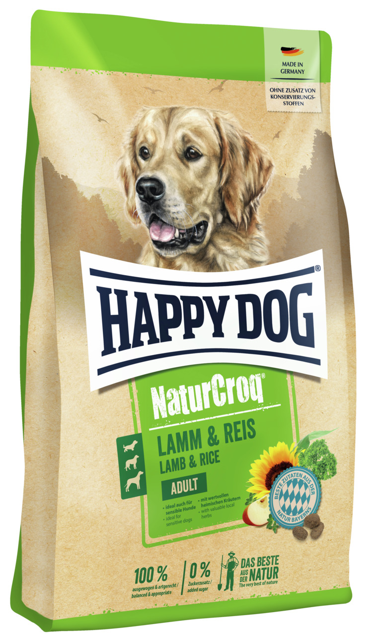 HAPPY DOG NaturCroq Lamm & Reis, für ausgewachsene Hunde, sensibel, 100 % ausgewogen, ohne Zucker-Konservierung, 4 kg.