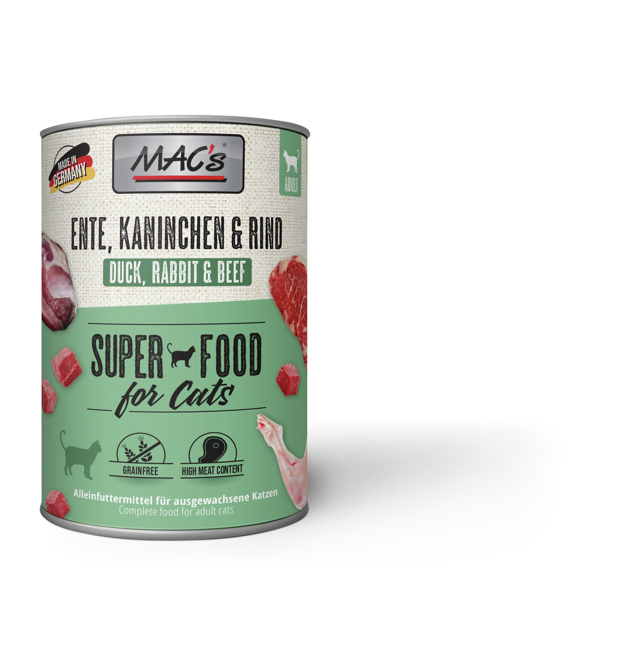 MAC's Katzenfutter, Ente-Kaninchen-Rind, 400 g, für ausgew. Katzen, getreidefrei, hoher Fleischanteil, „Super Food“, „Made in Germany“.